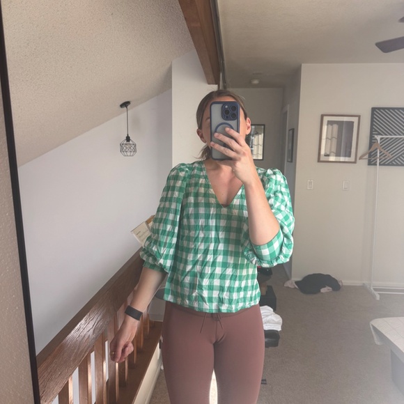 A New Day Tops A New Day Green Gingham Check Blouse Womens Size Medium V-Neck - Picture 5 of 5